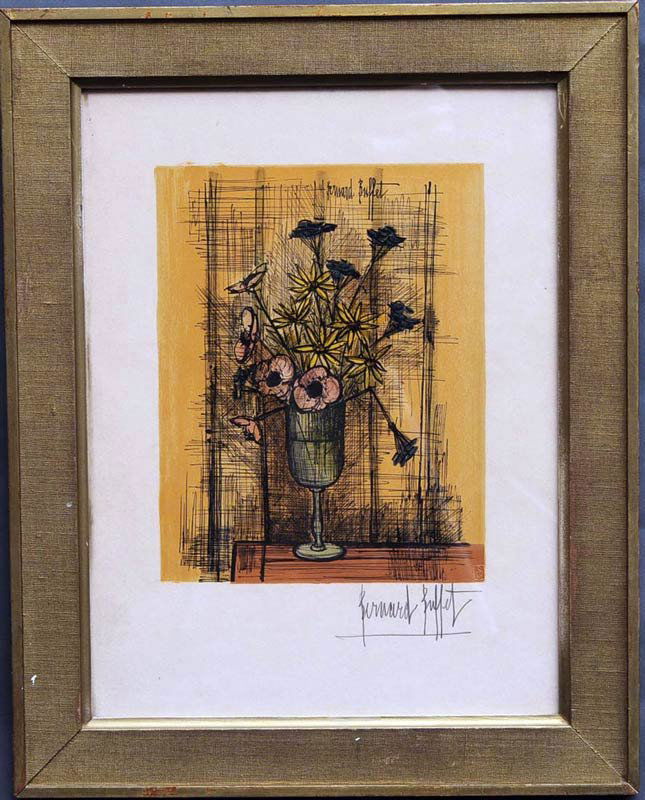 Bernard Buffet: Bouquet of Flowers in a Glass 4 3/4" x 8 1/4" lithograph pencil signed lower right estimate 250/350 Shipping available within the Continental USA (excludes insurance) $45. International shippers are r