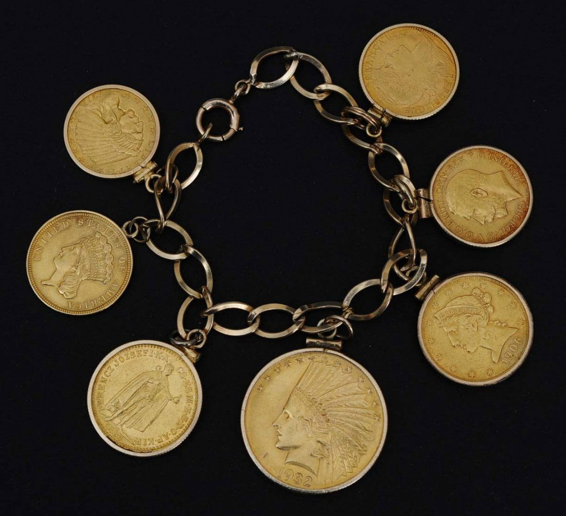 Gold Coin Bracelet: consisting of seven coins: 1932 ten dollar gold piece, 1906 five dollar, 1854 three dollar, 1911 two and a half dollar, 1893 Hungarian twenty Korona, 1925 British Soveriegn, 1900 French ten francs40.1