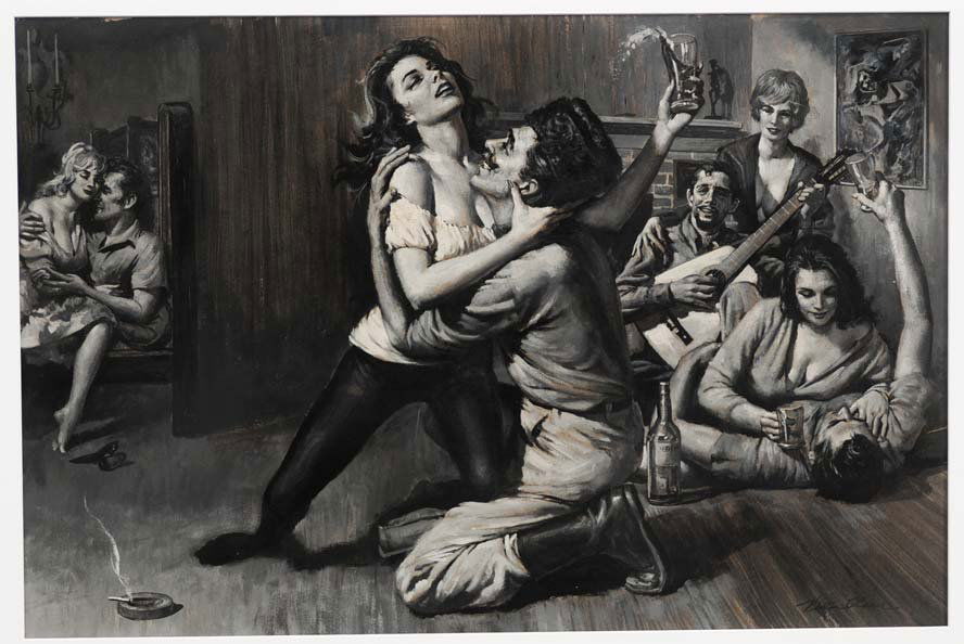 Victor Olson: A pulp Illustration depicting A Lusty Bohemian Party 16" x 24" (sight) gouache on board estimate 800/1200 Shipping available within the Continental USA (excludes insurance) $30. International shippers