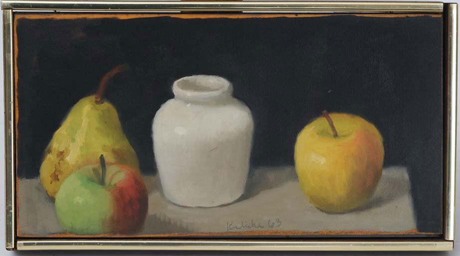 Robert Kulicke: Still Life With Pear and Apples 6 3/4" x 12 3/4" oil on canvas Tanglewood Gallery label verso signed lower center, dated '63 estimate 4000/6000 Shipping available within the Continental USA (excludes