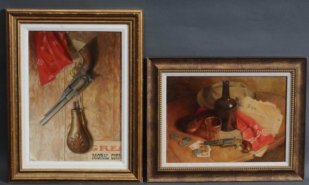 F. B. Scott: Tromp l'Oeil with Revolver and The Gambler's Red Handkerchief each 18" x 13" oil on board signed lower right estimate 400/600 Shipping available within the Continental USA (excludes insurance) $60. In