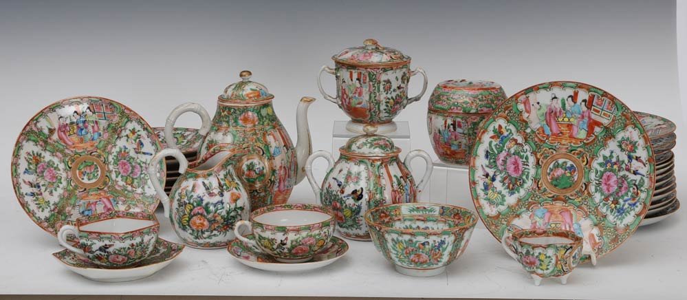 Group Lot of Rose Medallion Dinnerware: including cups, saucers, plates, tea set, platters est ??? Buyer is responsible for arranging 3rd party shipping