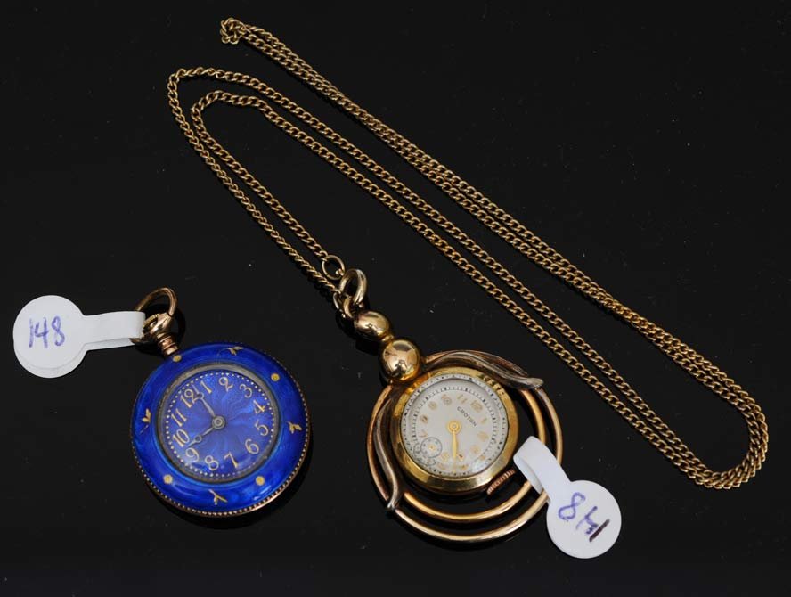 Two Ladies Pocket Watches: Blue Enameled Watch together with Croton Pendant Watch estimate 300/500 Shipping available within the Continental USA (excludes insurance) $20. International shippers are responsible for arranging 3rd