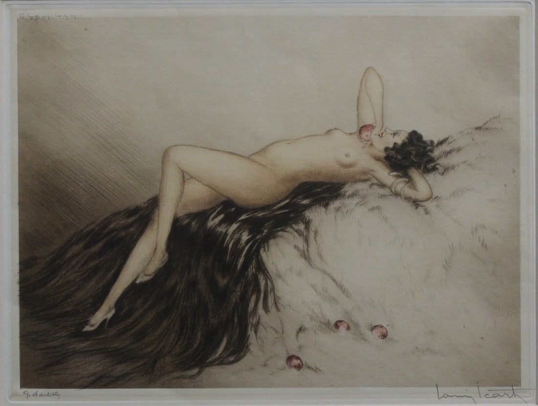 Louis Icart Etching, "Eve": Louis Icart Etching, "Eve", 1923 8" x 10 7/8" plate size framed to 18" x 21 1/2"I pencil signed lower right IN HOUSE SHIPPING W/I continental USA $65 DURING CHECKOUT CHOOSE "ARRANGE MY OWN SHIPPING" i