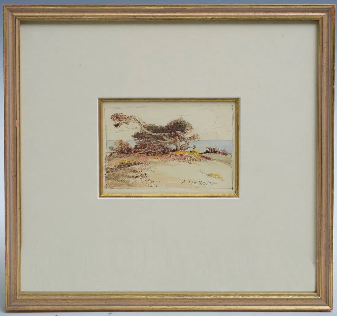 Albert Thomas DeRome (1885-1959), Monterey Coast: Albert Thomas DeRome (1885-1959), Monterey Coast 3"x5" watercolor, framed to 10"x11" signed lower right IN HOUSE SHIPPING W/I continental USA $35 DURING CHECKOUT CHOOSE "ARRANGE MY OWN SHIPPING" if