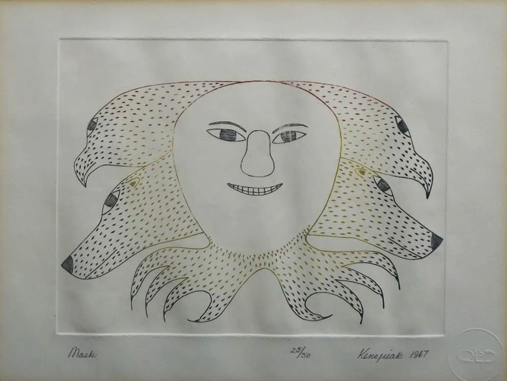 Kenojuak Ashevak (Cape Dorset, 1927-2013), Mark, 1967: Kenojuak Ashevak (Cape Dorset, 1927-2013), Mark, 1967 6" x 7 1/2" stonecut print framed to 17"x19" pencil signed lower right and with blindstamp IN HOUSE SHIPPING W/I continental USA $65 DURING CHECKO