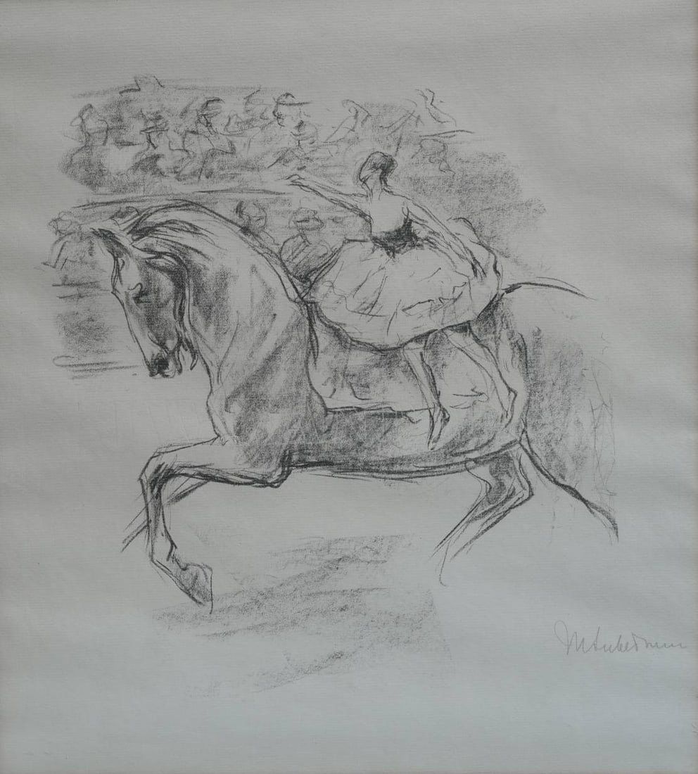 Max Lieberman (1847-1935) Pencil Signed Lithograph, Circus Horse With Rider: Max Lieberman (1847-1935) Pencil Signed Lithograph, Circus Horse With Rider 15" x 13 1/2" sight lithograph on laid paper framed to 22 1/2" x 21" pencil signed lower right circa 1925 IN HOUSE
