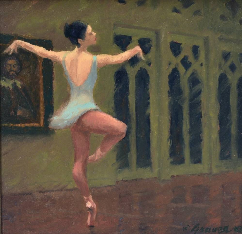 Ron Grauer (Born 1927), Spanish Ballerina: Ron Grauer (Born 1927), Spanish Ballerina, 10"x10" on masonite, listed California artist framed to 13"x13" signed on right and dated 2008 IN HOUSE SHIPPING W/I continental USA $45, DURING CHECKOUT