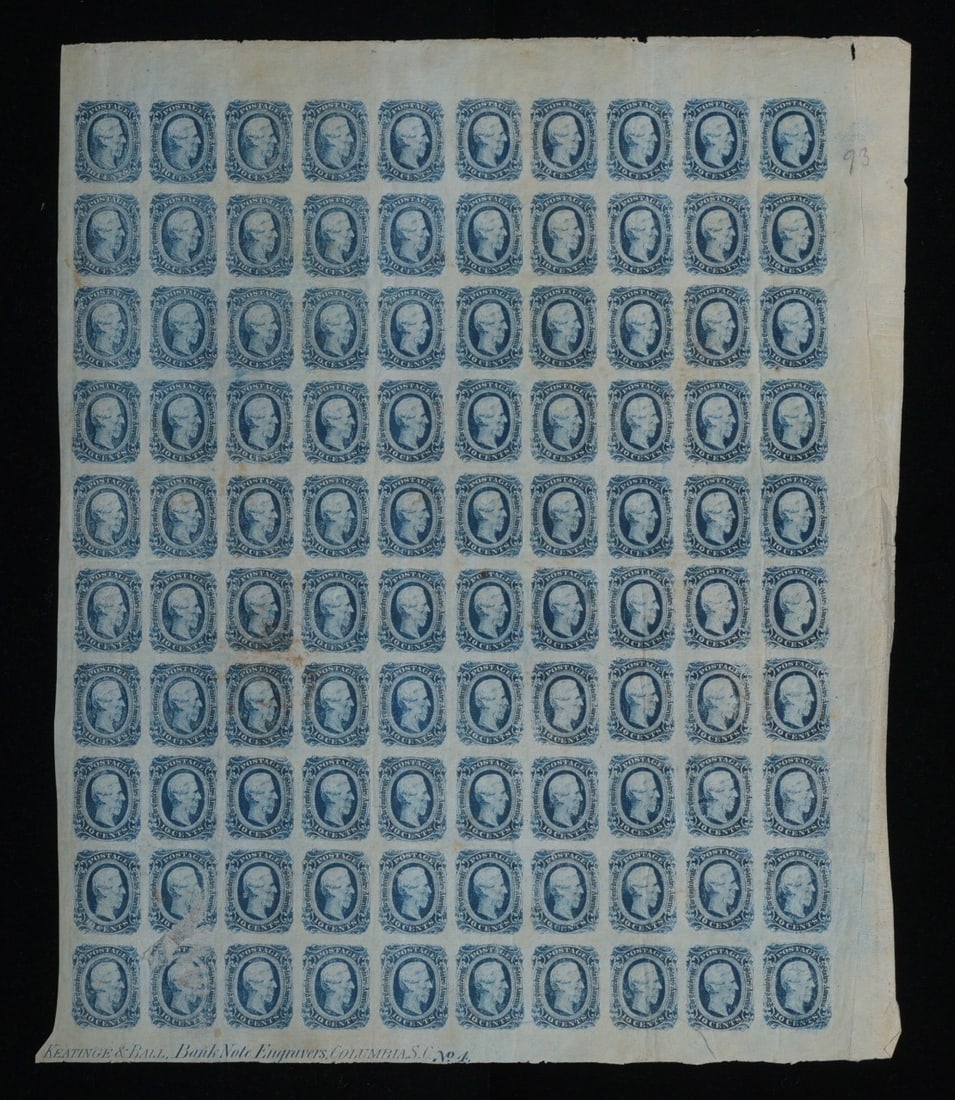 Uncut Block of 100 CONFEDERATE Ten Cent Jefferson Davis Stamps, Keating & Ball (1 of 5)