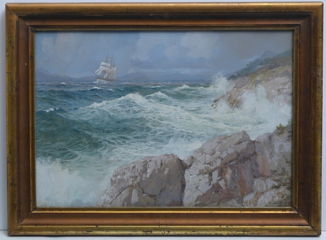 Johan Seits (1887-1967) gouache, Coastal Scene with Sailing Ship (1 of 3)