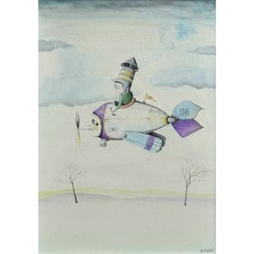 Claude Persini (20th Century) "The Aviator Fantasy" Signed Watercolor