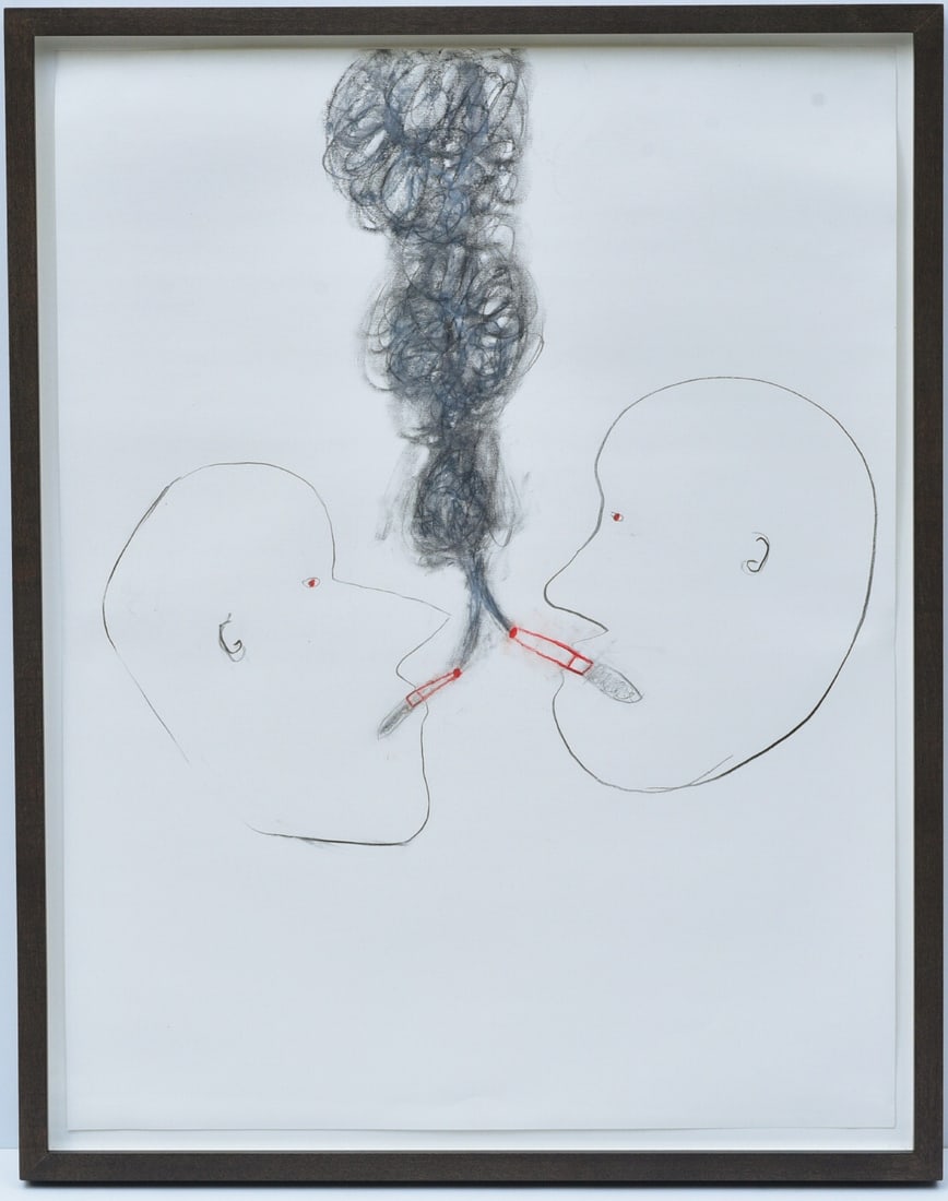SINDY LUTZ, (American, born 1966), Two Men Smoking 2004: SINDY LUTZ, (American, born 1966), Two Men Smoking 2004 24 1/2" x 18" sheet, pencil and crayon on paper signed and dated verso overall (with high quality frame): 26" x 20" IN HOUSE SHIPPING W/I