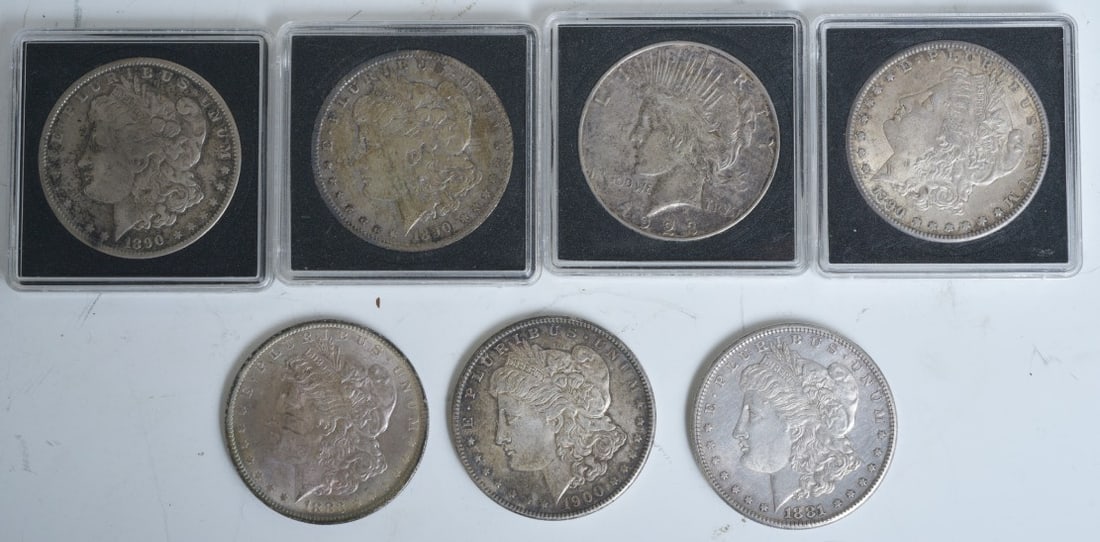 Seven American Silver Dollars (6 Morgan, 1 Peace): Seven American Silver Dollars (6 Morgan, 1 Peace) 1881S, 1883O, 1890, 1890O, 1890s, 1900, 1923 IN HOUSE SHIPPING W/I continental USA $25, DURING CHECKOUT CHOOSE "ARRANGE MY OWN SHIPPING" if you'd like