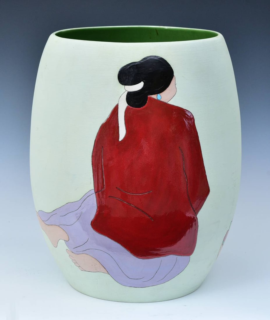 LARGE R.C. Gorman Pottery Vase, "Chili Peppers", 17" high: LARGE R.C. Gorman Pottery Vase, "Chili Peppers" 17" high, 13 1/2" diameter with green glazed to interior, unglazed on exterior pencil signed and marked "potter's proof" IN HOUSE SHIPPING W/I continent