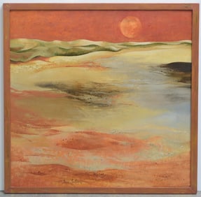 Rene Julien (1937 - 2013) Soleil Rouge (Red Sun), oil, with exhibition label