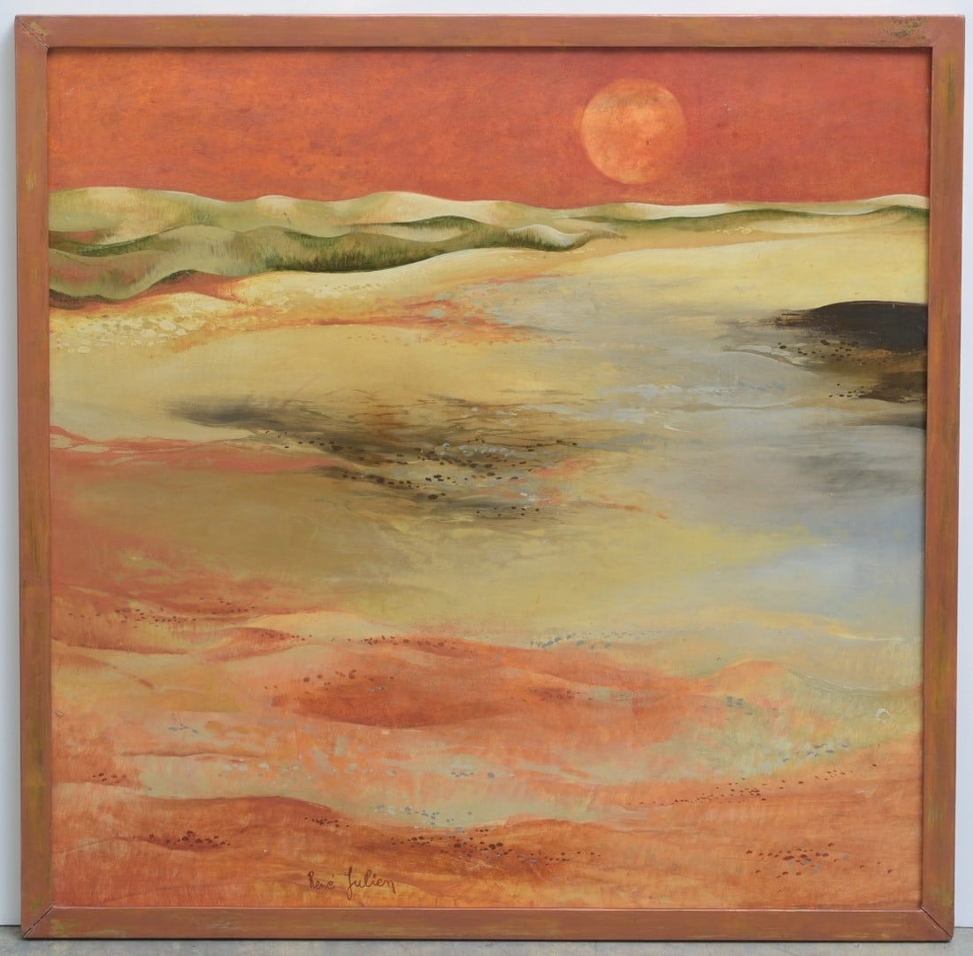 Rene Julien (1937 - 2013) Soleil Rouge (Red Sun), oil, with exhibition label (1 of 5)