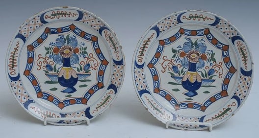 Pair of 18th Century Delft Polychrome Faience Plates, 9" diameter