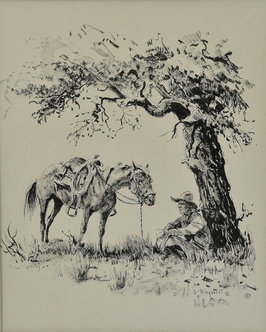 Olaf Wieghorst (1899 - 1988) A Much Needed Repose: Olaf Wieghorst (1899 - 1988) "A Much Needed Repose" 10"x8" sight, pen & ink on paper, signed lower right framed to 21"x17" labeled verso, Maxwell Galleries (one of the preeminent California