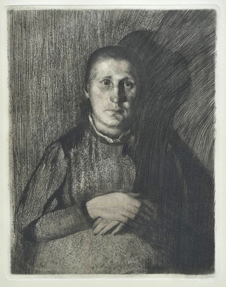 Kathe Kollwitz Etching, Woman w/ Folded Hands, 1898: Kathe Kollwitz Etching, Woman w/ Folded Hands, 1898 published by Alexander von der Becke, Munich with blindstamp lower right 11 1/4" x 8 1/2", framed to 21"x18" circa 1930 IN HOUSE SHIPPING W/I contin