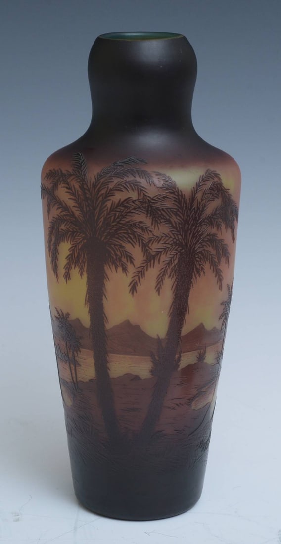 D'argental Cameo Glass Landscape Vase with Palms: D'argental Scenic Cameo Glass Landscape Vase with Palms 12" high France circa 1920 IN HOUSE SHIPPING W/I continental USA $45, DURING CHECKOUT CHOOSE "ARRANGE MY OWN SHIPPING" if you'd like to use our