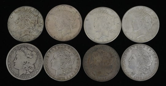Group of Eight U.S. Silver Dollars, Morgan and Peace