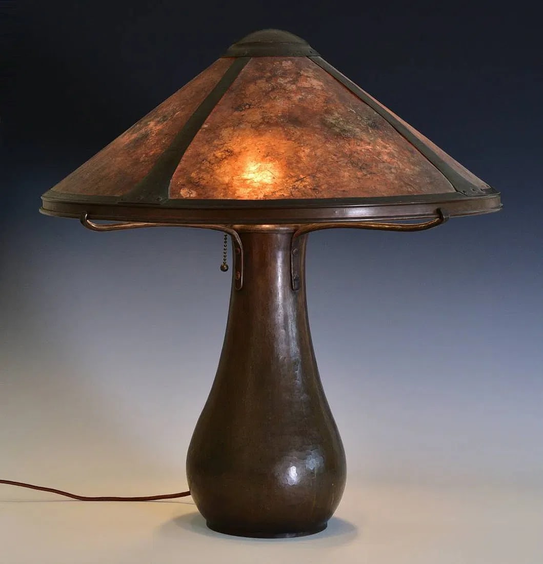 Dirk Van Erp Hammered Copper Lamp: Dirk Van Erp Hammered Copper Lamp with mica shade 20 3/4" diameter, 22" high with four sockets with broken box signature on bottom circa 1915 IN HOUSE SHIPPING W/I continental USA $195, DURING CHECKOU