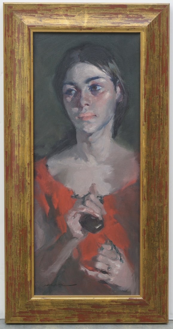 Manuel Monedero (1925-2002) Portrait of a Young Spanish Lady: Manuel Monedero (1925-2002) Portrait of a Young Spanish Lady 28" x 12" oil on canvas, framed to 33"x17" signed lower left IN HOUSE SHIPPING W/I continental USA $55, DURING CHECKOUT CHOOSE "ARRANGE MY