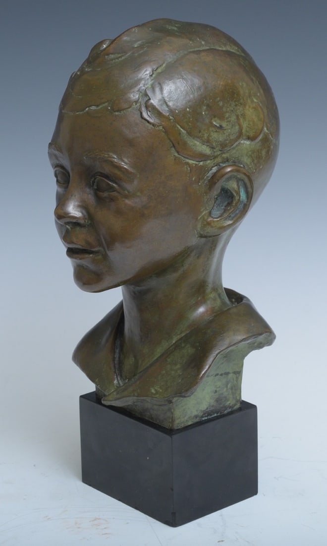 American School Bronze Bust, Roman Bronze Works, New York: American School Bronze Bust, Roman Bronze Works, New York 14 3/4" high overall, 11 3/4" bronze plus 3" black marble base foundry stamped "Roman Bronze Works NY" on bottom of backartist unsigned, early