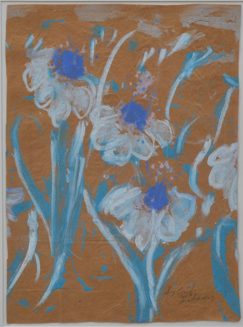 SYBIL GIBSON Outsider Art Still Life: SYBIL GIBSON Outsider Art Still Life 16"x11.5" on grocery paper bag framed to 27"x22" signed lower right IN HOUSE SHIPPING W/I continental USA $55, DURING CHECKOUT CHOOSE "ARRANGE MY OWN SHIPPING"