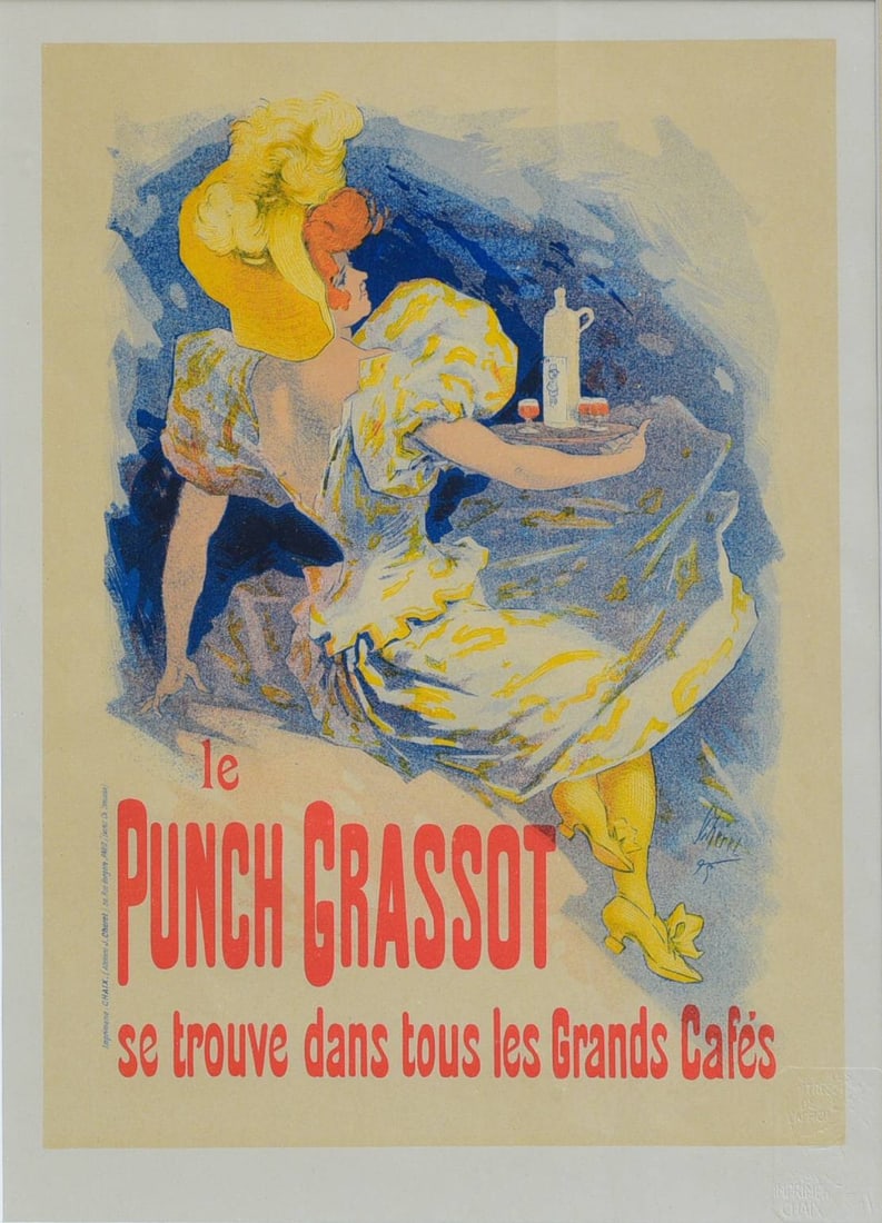 Jules Cheret, Le Punch Grassot, Le maitres de l'Affiche edition, 1895: Jules Cheret, Le Punch Grassot, Le maitres de l'Affiche edition 12 1/2" x 9 1/4" sight with framing to 20"x16" with Le maitres de l'Affiche embossed seal circa 1895 IN HOUSE SHIPPING W/I continental