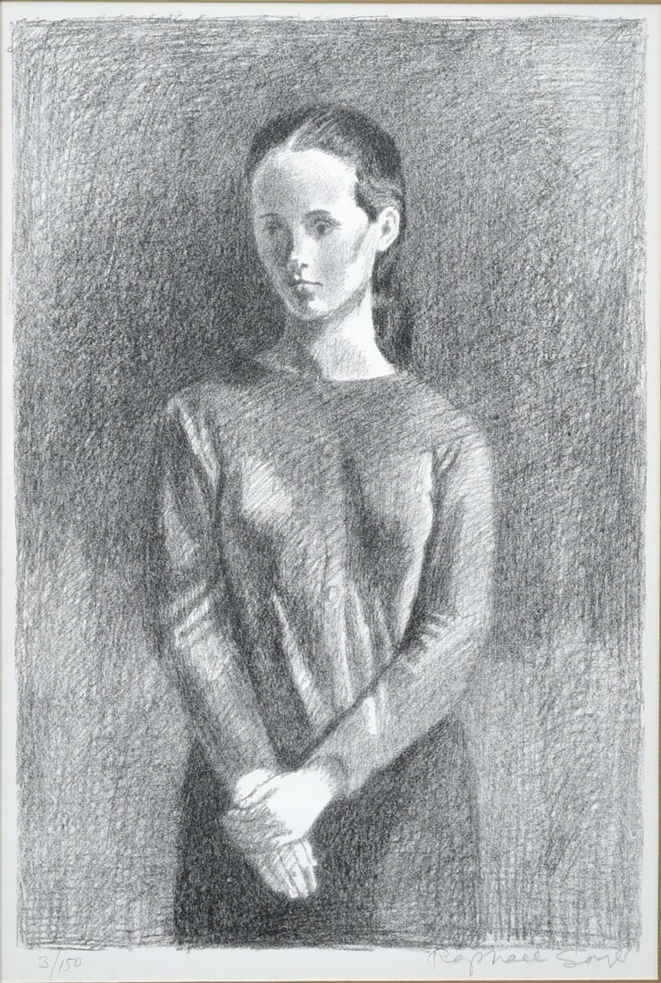 Raphael Soyer Lithograph, Artist's Model Standing: Raphael Soyer Lithograph, Artist's Model Standing 13"x19.5" image, framed to 26"x19" Pencil Signed lower right from an edition of 150 with gallery label verso IN HOUSE SHIPPING W/I continental USA $55