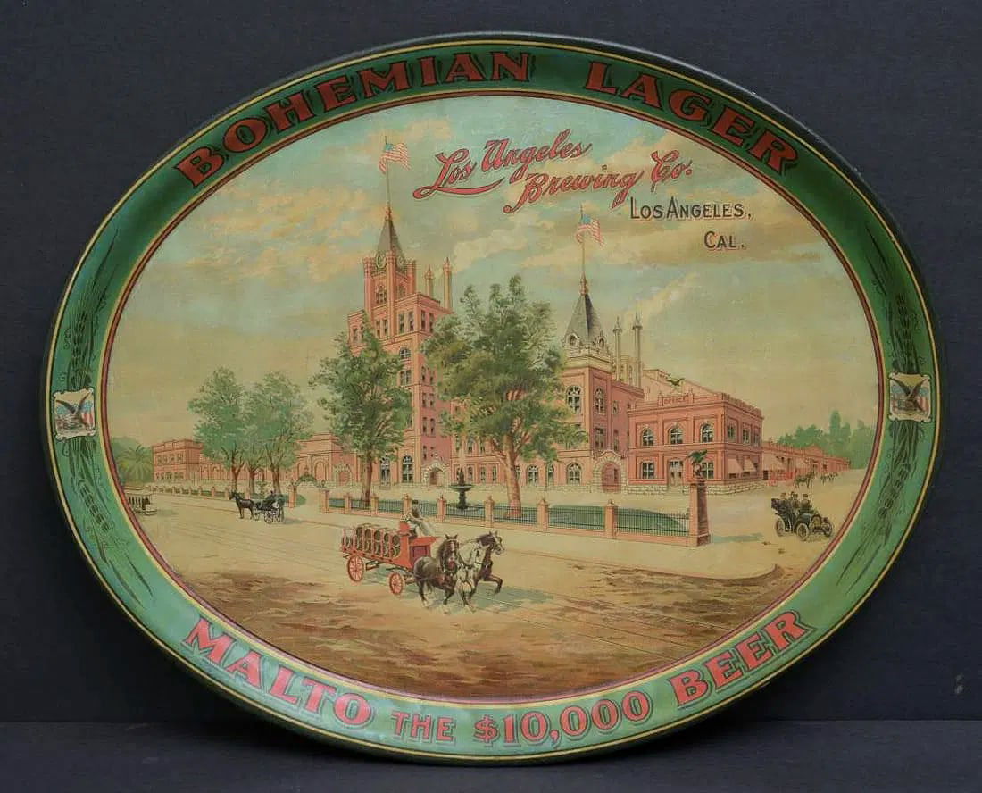 Los Angeles Brewing Company, "Bohemian Lager" Oval Beer Tray: Los Angeles Brewing Company, "Bohemian Lager" Oval Beer Tray 16 3/8" x 13 3/8" the lithographed scene with horse drawn delivery wagon in front of the impressive brewery circa 1920 IN HOUSE SHIPPING