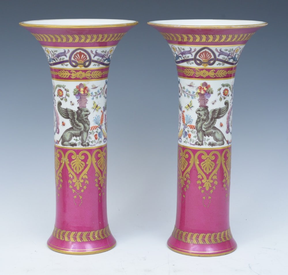 Large Pair of Sevres Porcelain Vases: Large Pair of Sevres Porcelain Vases decorated with griffins, insects and floral motifs 14 1/2" high maker's mark on bottom circa 1890 IN HOUSE SHIPPING W/I continental USA $75 DURING CHECKOUT CHOOSE