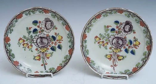 Pair of Antique Dutch Delft Polychromed Faience Plates
