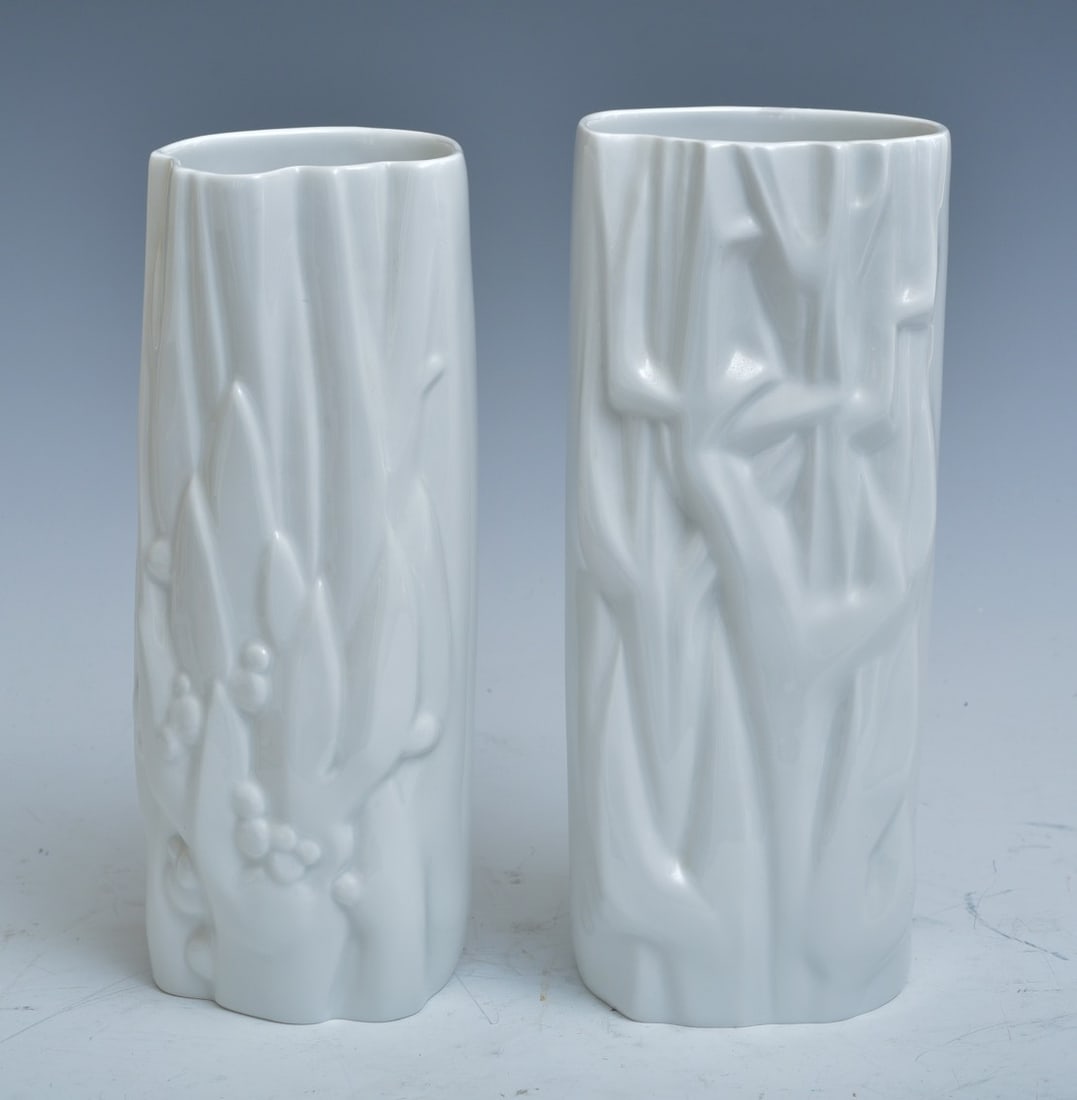 (2) Meissen White Modern Vases: (2) Meissen White Modern Vases 11" and 11 1/2" high each with crossed swords mark (cancelled, indicating a second) late 20th century IN HOUSE SHIPPING W/I continental USA $45 DURING CHECKOUT
