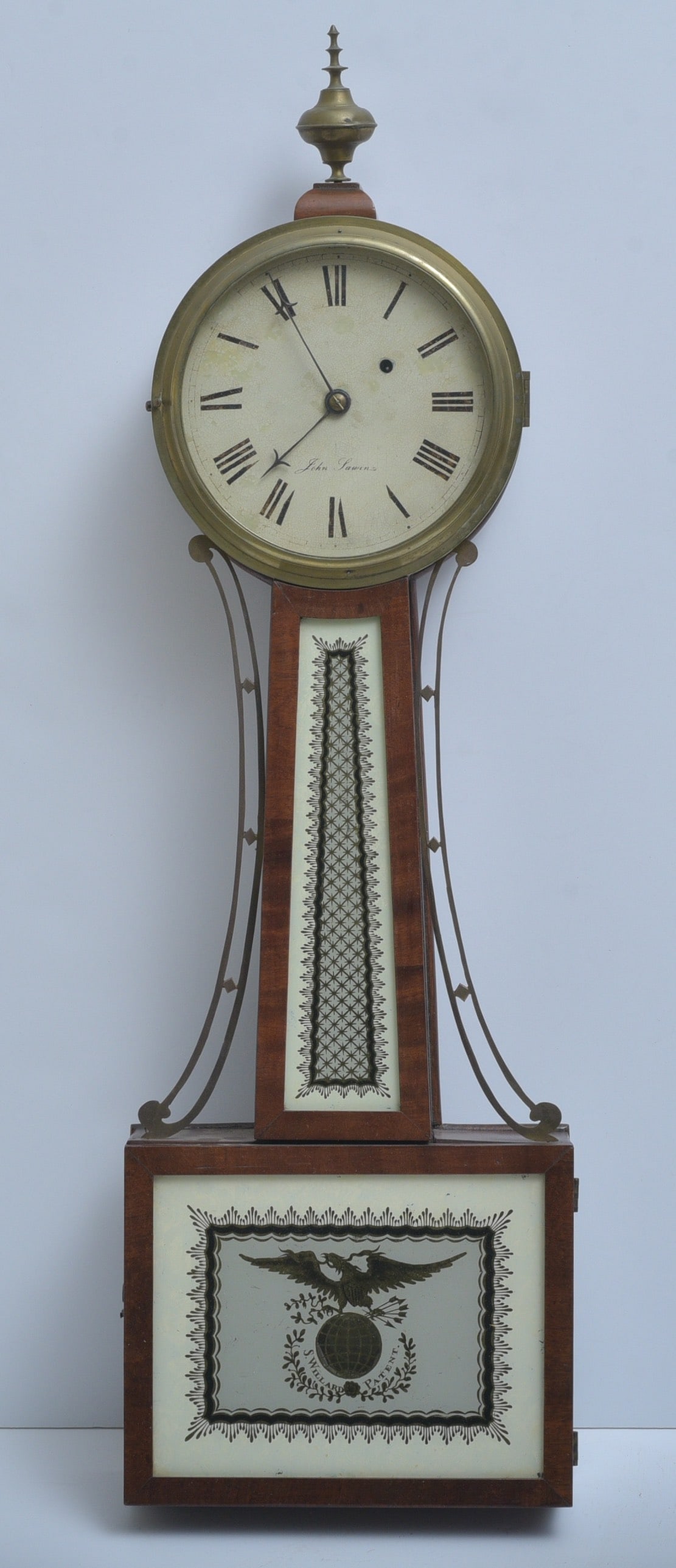 Federal Banjo Clock signed John Sawin, Boston: Federal Banjo Clock signed John Sawin, Boston 33" long with painted throat and bottom glass circa 1810 IN HOUSE SHIPPING W/I continental USA $95 DURING CHECKOUT CHOOSE "ARRANGE MY OWN SHIPPING" if you