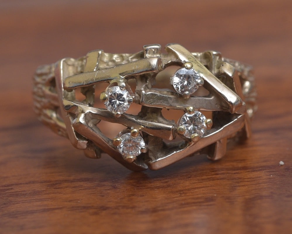 14k Gold Moderne Diamond Ring: 14k Gold Moderne Ring set with four diamonds, approximately .30 ct tw ring is unmarked, but tests 14k gold ring size 9, weight is 6.8 grams gross IN HOUSE SHIPPING Within Continental USA $25 DURING