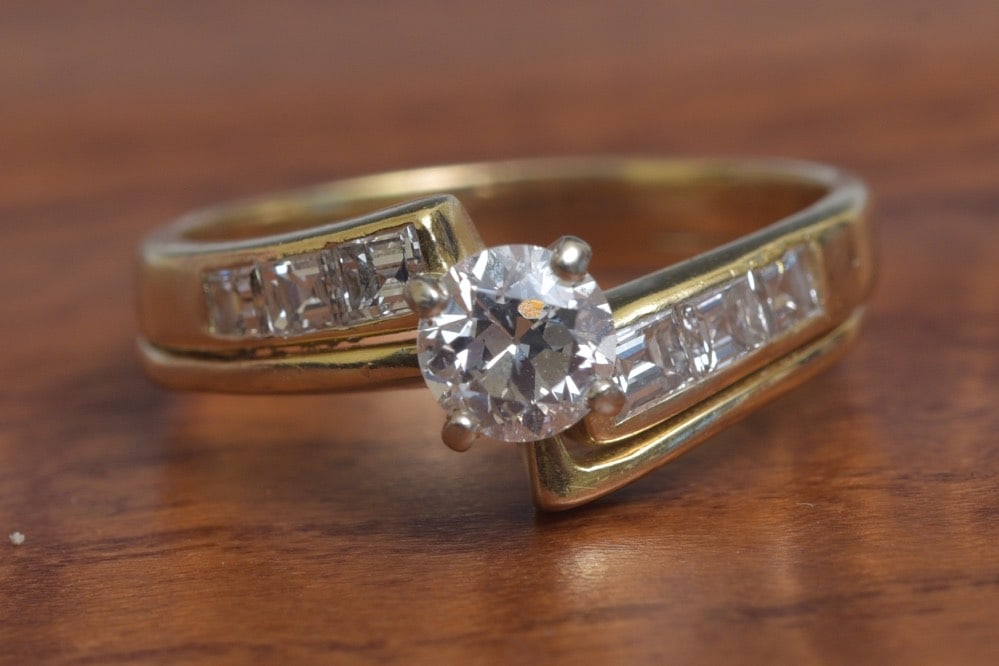 14k Gold Diamond Wedding Band Set: 14k Gold Diamond Wedding Band Set, now soldered together the wedding band set with six diamonds the engagement ring set with approximately .50 ct diamond (heavily included) ring size 9 1/4, weight is