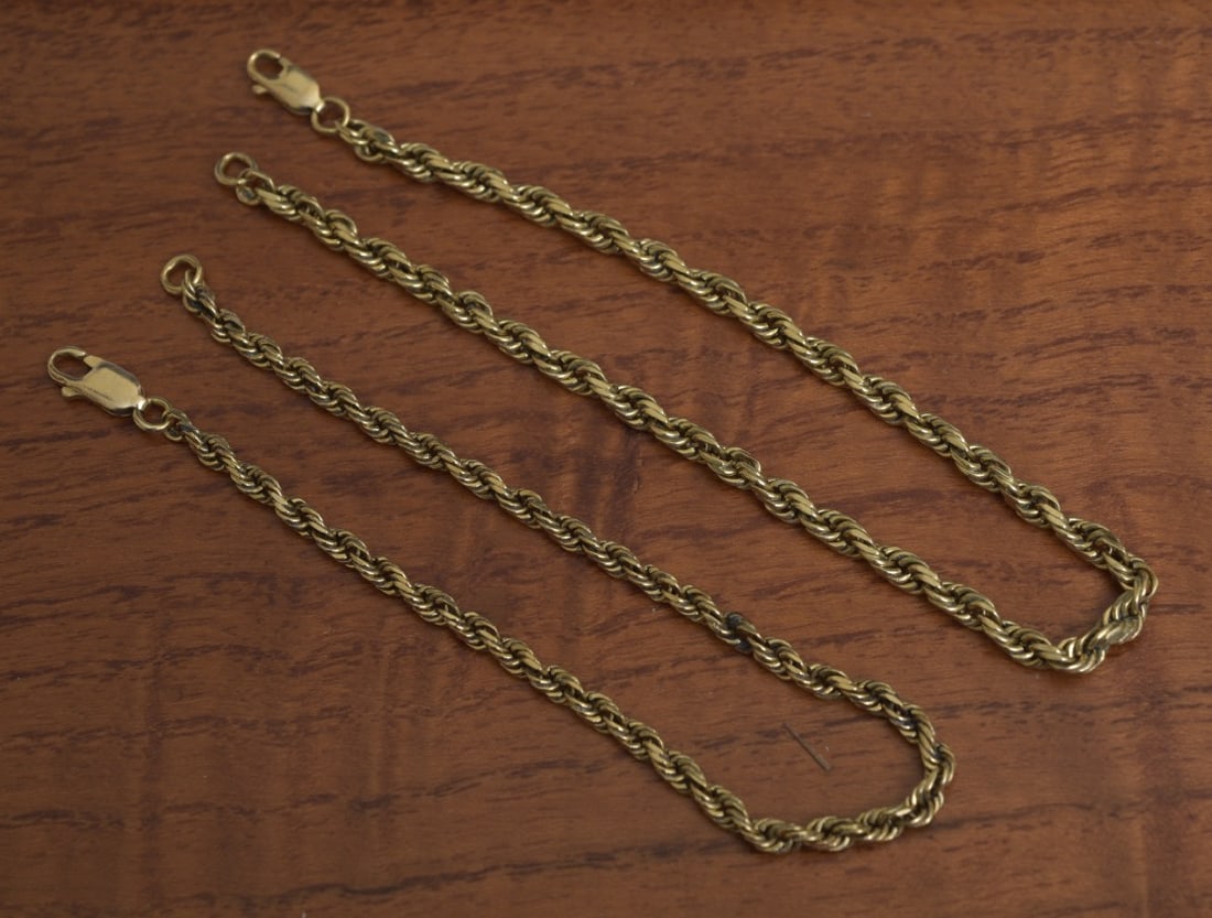 Two 14k Gold Rope Bracelets: Two 14k Gold Rope Bracelets 8 1/2" and 8" long, stamped "14k" and ".585" respectively 15.5 grams gross IN HOUSE SHIPPING Within Continental USA $25 DURING CHECKOUT CHOOSE "ARRANGE MY OWN SHIPPING" if