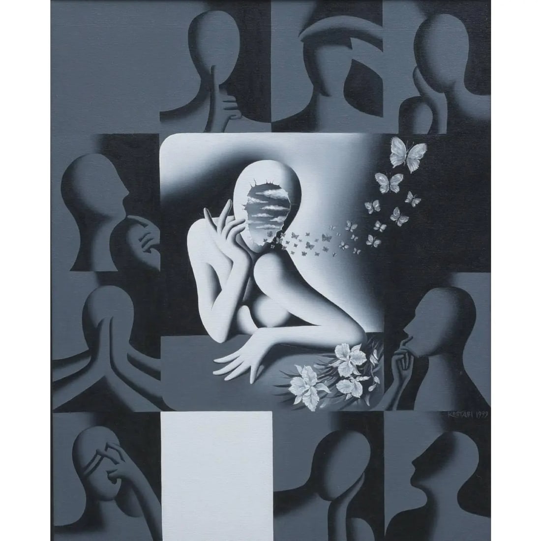 MARK KOSTABI (American, born 1960), "One Day My Soul Just Opened Up": MARK KOSTABI (American, born 1960), "One Day My Soul Just Opened Up" 30"x24" oil on canvas, framed to 41"x35" signed lower right and dated 1999 IN HOUSE SHIPPING W/I continental USA $145 DURING CHECKO