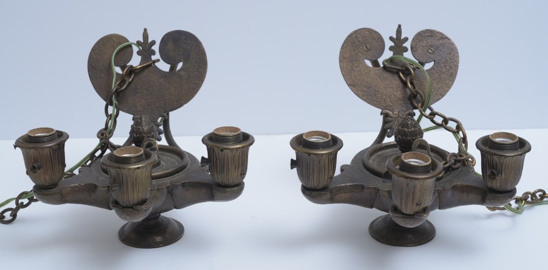 Pair of Cast Brass "Aladdin Lamp" Hanging Lights: Pair of Cast Brass "Aladdin Lamp" Hanging Lights adapted from Table Lamps 8" high, 11" long, 10" wide mid-20th century IN HOUSE SHIPPING W/I continental USA $55 DURING CHECKOUT CHOOSE "ARRANGE MY