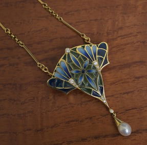 18k Gold Plique a Jour Pendant Necklace