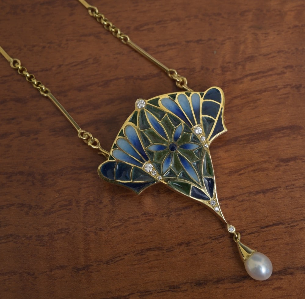 18k Gold Plique a Jour Pendant Necklace: 18k Gold Plique a Jour Pendant Necklace with pearl drop pendant 2" x 1 3/8" on a 16" long chain stamped 18k weight is 17.5 grams with certificate from Nouveau 1910 IN HOUSE SHIPPING Within Continental