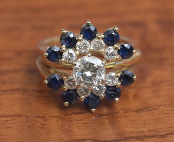 14k Gold Diamond Solitaire Ring with Sapphire and Diamond Ring Enhancer