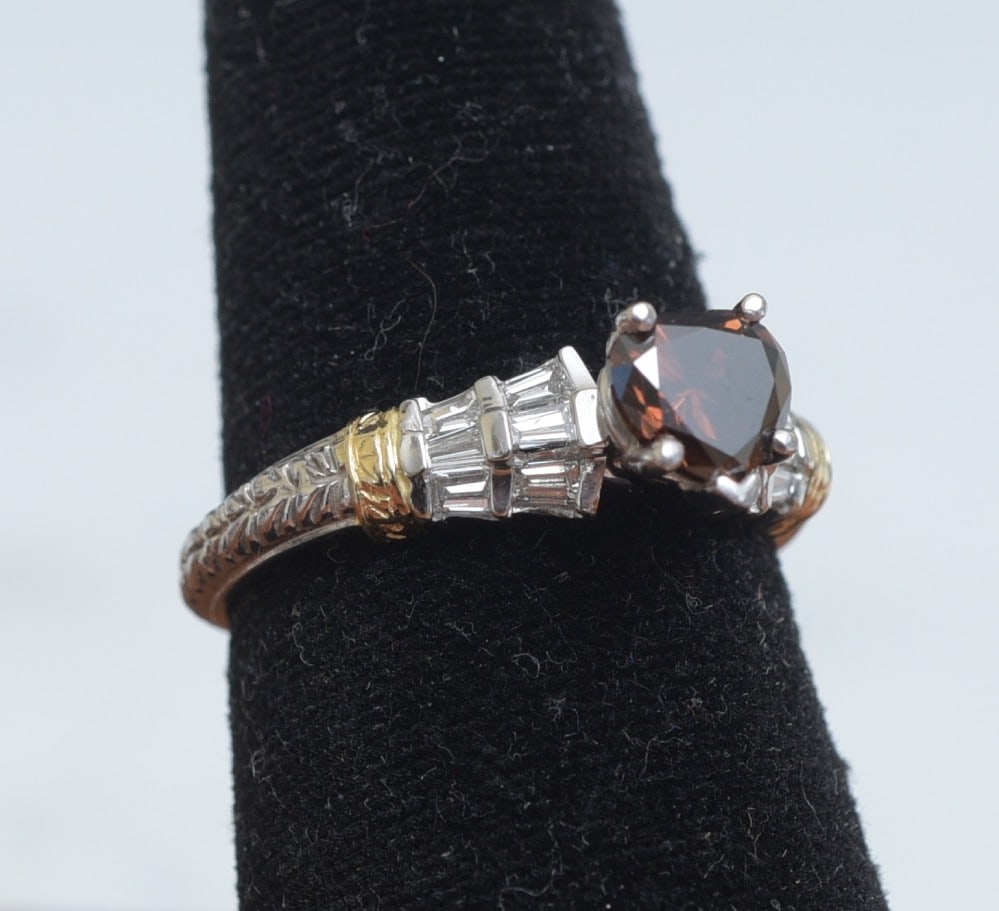 14k Gold Brown Diamond Ring: 14k Gold Brown Diamond Ring in the form of a heart set with 6 baguette diamonds ring size 9 3/4, weight if 5.5 grams gross IN HOUSE SHIPPING Within Continental USA $25 DURING CHECKOUT CHOOSE