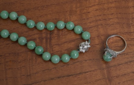 Platinum Jade and Diamond Ring and Graduated Jade Necklace