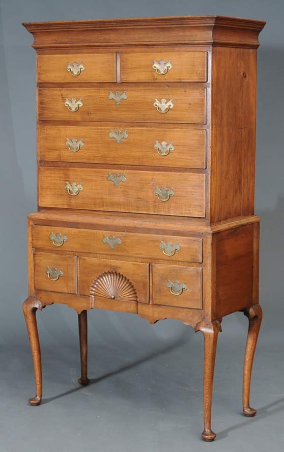 Queen Anne Maple Highboy: with fan carving top case 36" wide 72" high, 18" deep 18th century estimate 800/1200 Buyer is responsible for arranging 3rd party shipping.