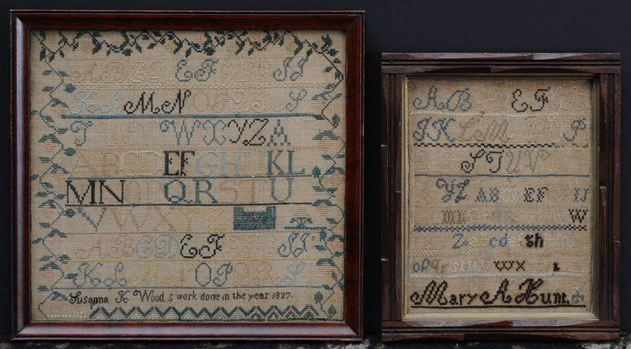 Pair of Alphabet Samplers: one dated 1827 largest 12" x 13" estimate 250/350 Shipping available within the Continental USA (excludes insurance) $40. International shippers are responsible for arranging 3rd party shipping.