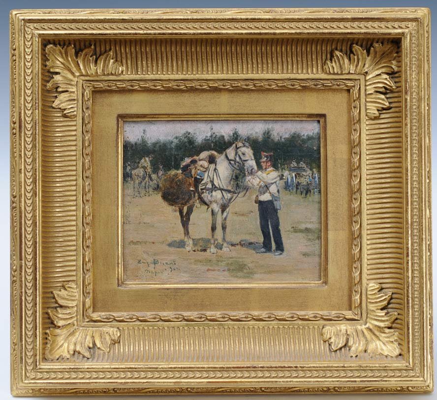 Italian School: Officer With A Horse 5 3/4" x 7" oil on board signed lower left indistinctly estimate 750/1000 Shipping available within the Continental USA (excludes insurance) $40. International shippers are respon