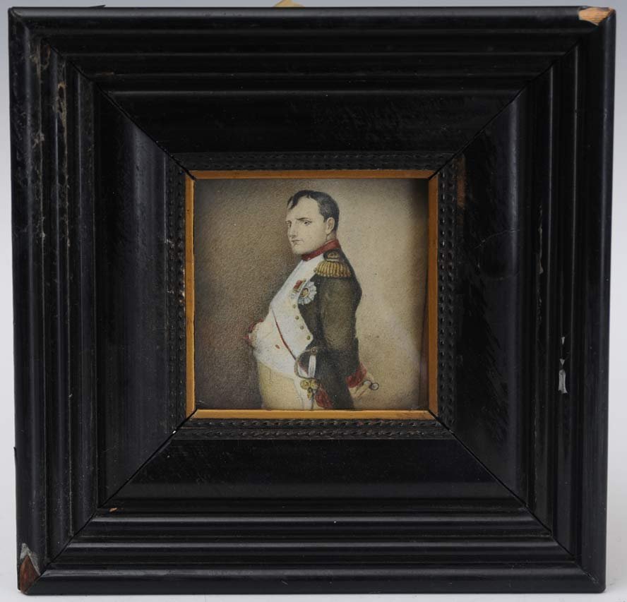 Portrait Miniature of Napoleon: French School 4" x 3 1/2" watercolor on ivory 19th century estimate 300/500 Shipping available within the Continental USA (excludes insurance) $20. International shippers are responsible for arranging